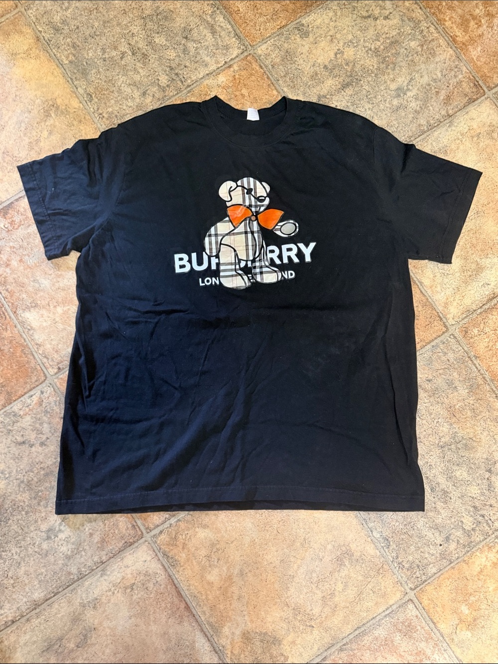 Burberry Black Tee with Plaid Bear and Orange Bow